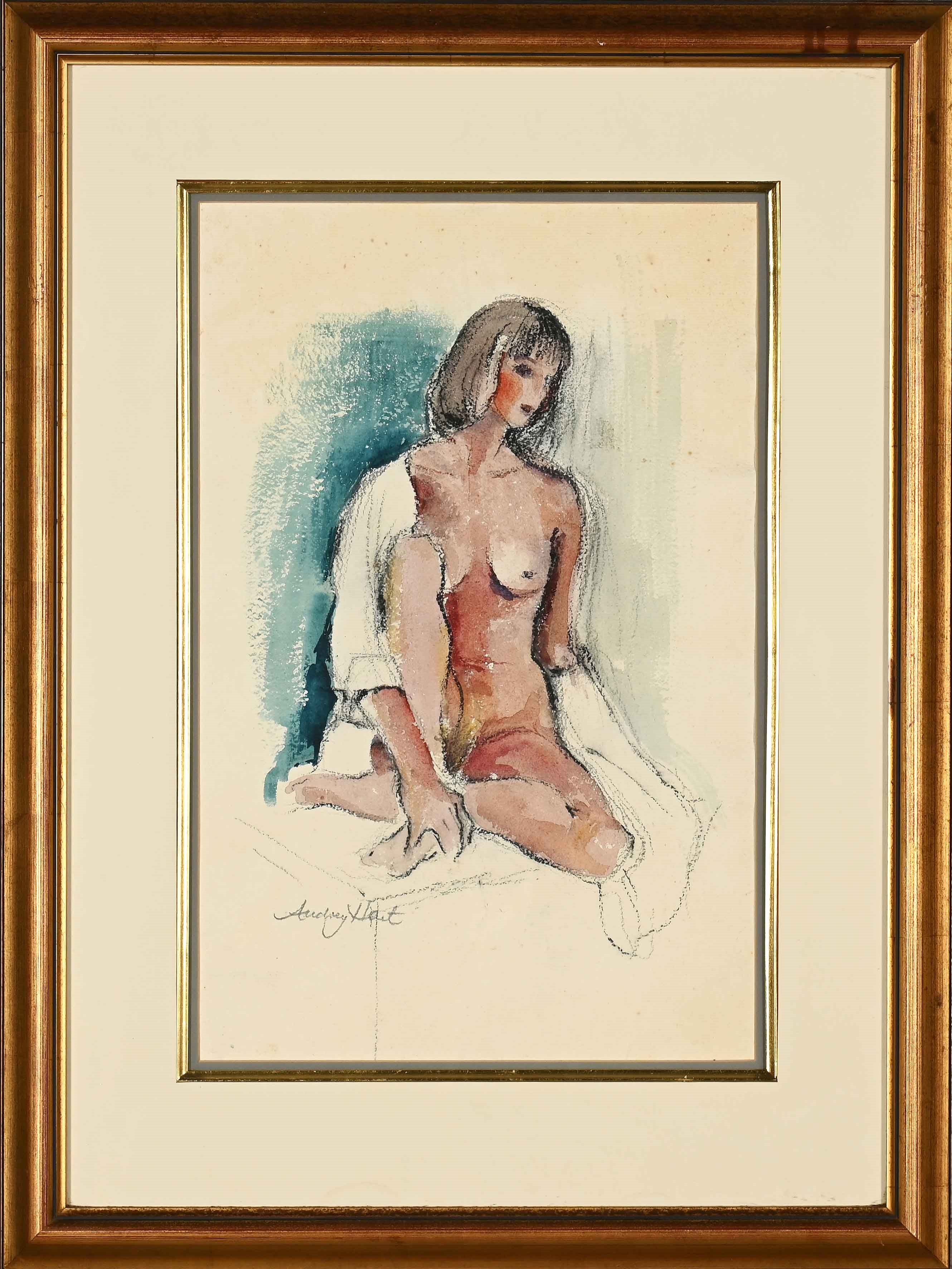 Artwork by Audrey Hart, Seated Female Nude, Made of watercolour and charcoal on paper