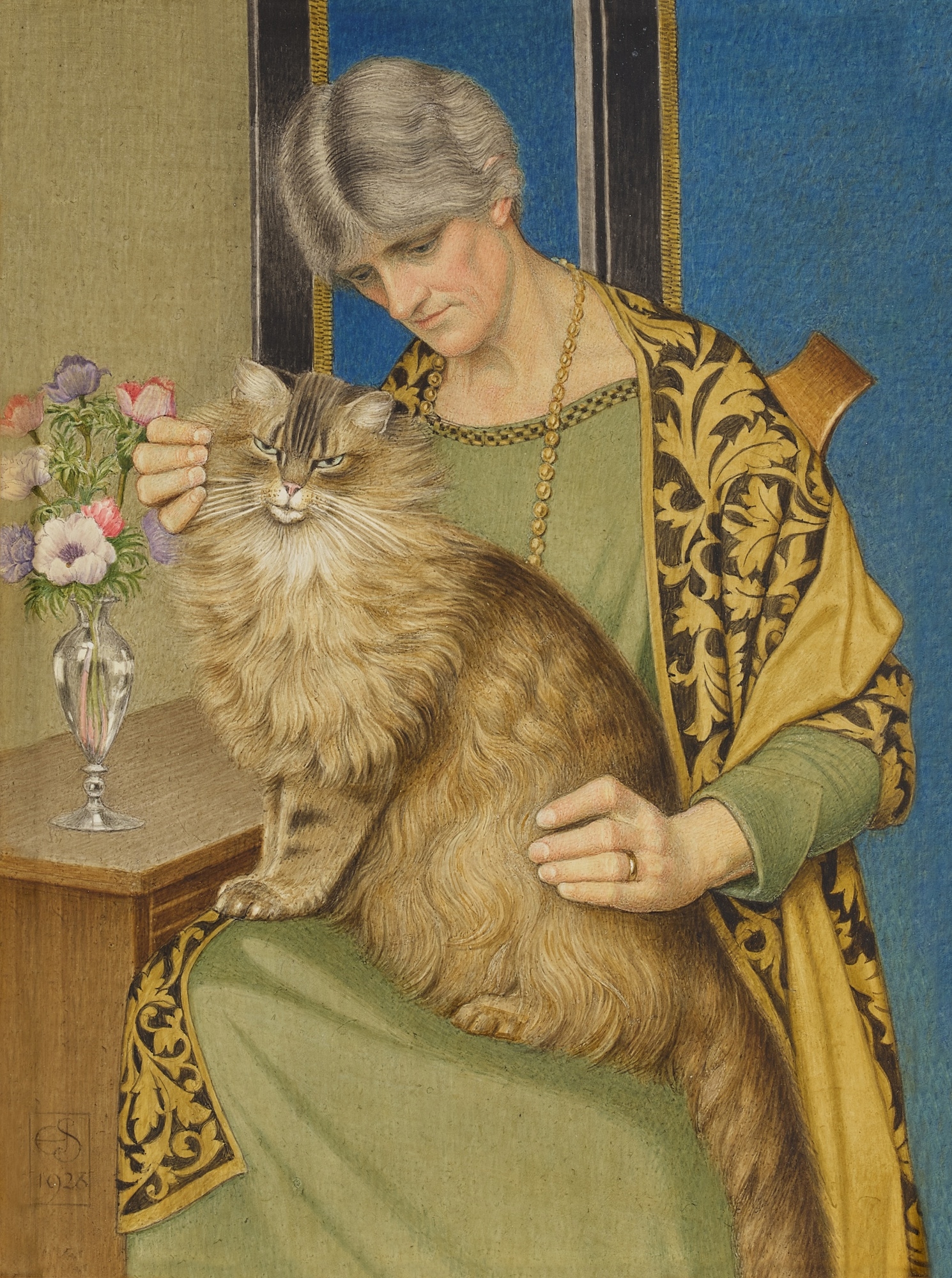 Artwork by Joseph Edward Southall, Contentment, Made of watercolour on vellum