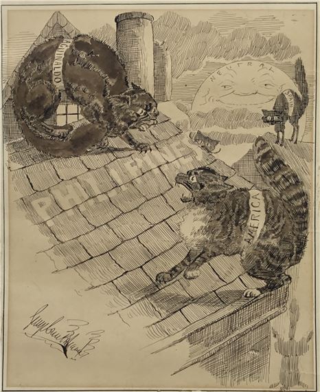 pen and ink satirical cartoon of cats squabbling over the Philippines by George Cruikshank