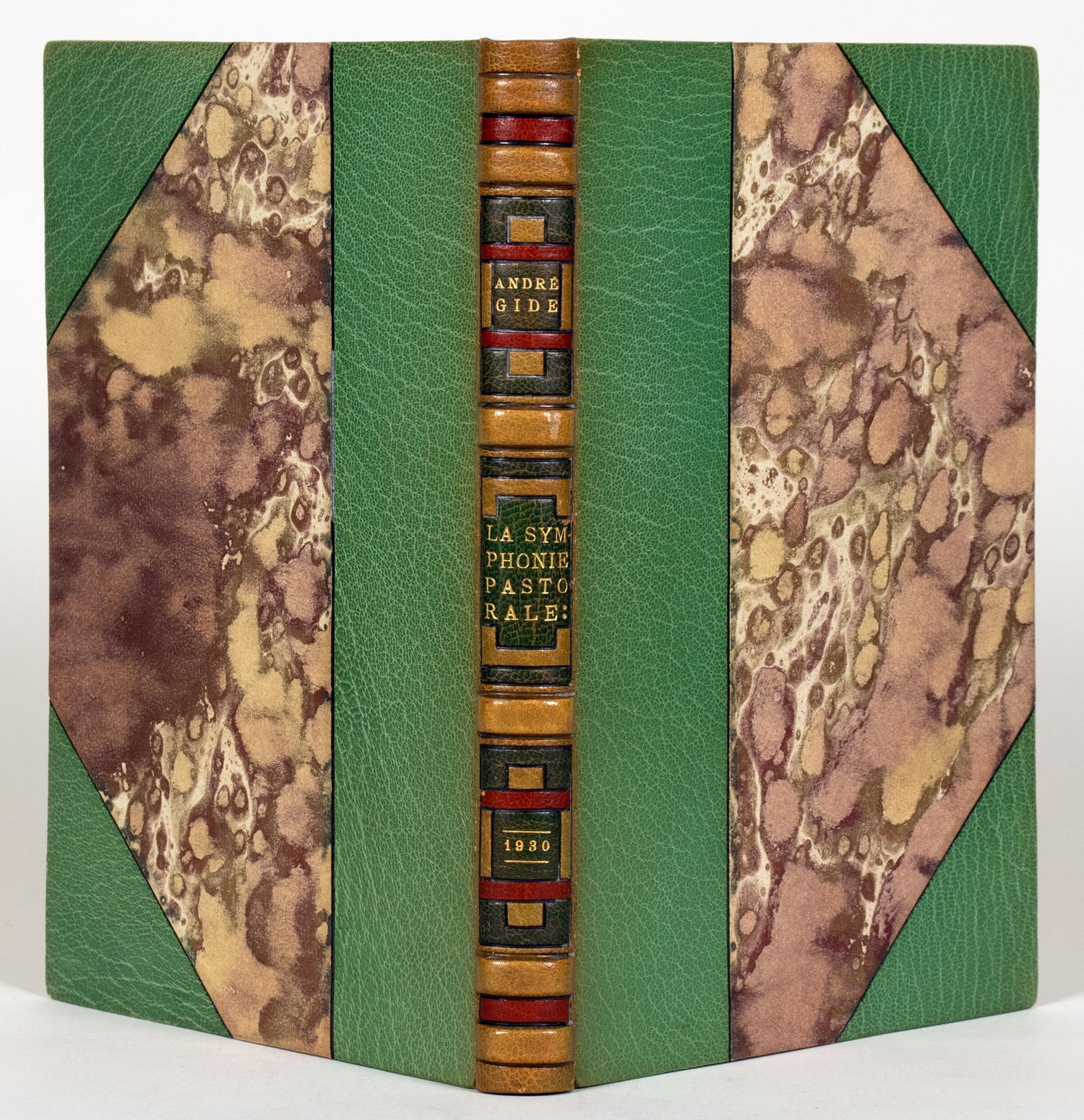 Artwork by J. van Krimpen, Art Déco-Einband von Louis Malcorps mit farbigen Ledereinlagen, Made of druck