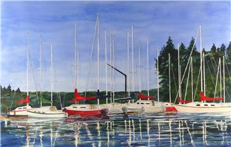 A massive triptych watercolour and gouache depicting boats in a harbour - John F. Seguin