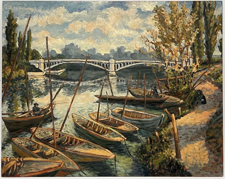 Artwork by Antoine Bogey, Boats on the Garonne, Made of Oil on plywood panel