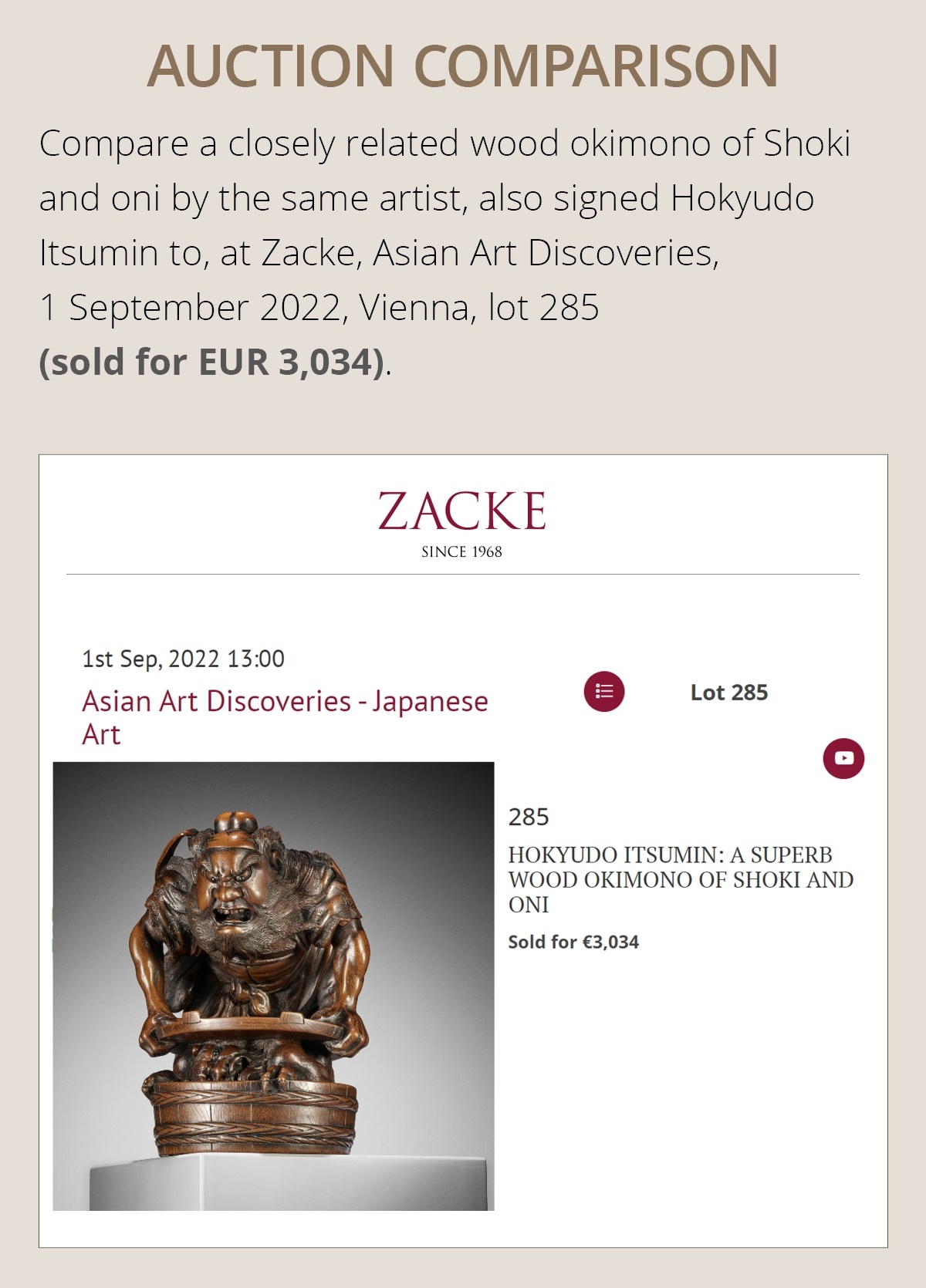 Artwork by Hokyudo Itsumin, HOKYUDO ITSUMIN: A FINE NETSUKE-OKIMONO OF SHOKI AND ONI, Made of translucent horn