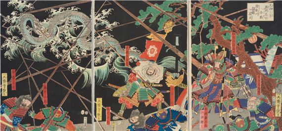UTAGAWA YOSHITSUYA: TRIPTYCH OF THE BATTLE OF TAKADACHI IN OSHU PROVINCE IN 1187, A WHITE DRAGON ASCENDS TO HEAVEN FROM THE KOROMO RIVER by Utagawa Yoshitsuya, dated 1857