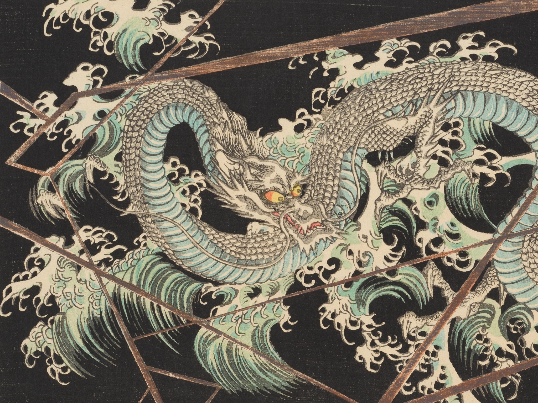 Artwork by Utagawa Yoshitsuya, UTAGAWA YOSHITSUYA: TRIPTYCH OF THE BATTLE OF TAKADACHI IN OSHU PROVINCE IN 1187, A WHITE DRAGON ASCENDS TO HEAVEN FROM THE KOROMO RIVER, Made of Color woodblock print on paper. Oban triptych