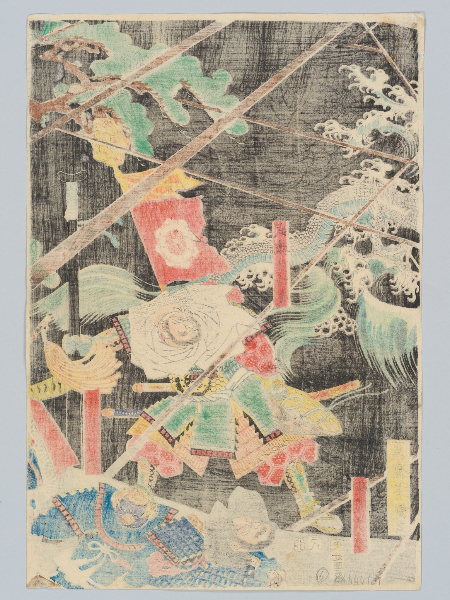 Artwork by Utagawa Yoshitsuya, UTAGAWA YOSHITSUYA: TRIPTYCH OF THE BATTLE OF TAKADACHI IN OSHU PROVINCE IN 1187, A WHITE DRAGON ASCENDS TO HEAVEN FROM THE KOROMO RIVER, Made of Color woodblock print on paper. Oban triptych