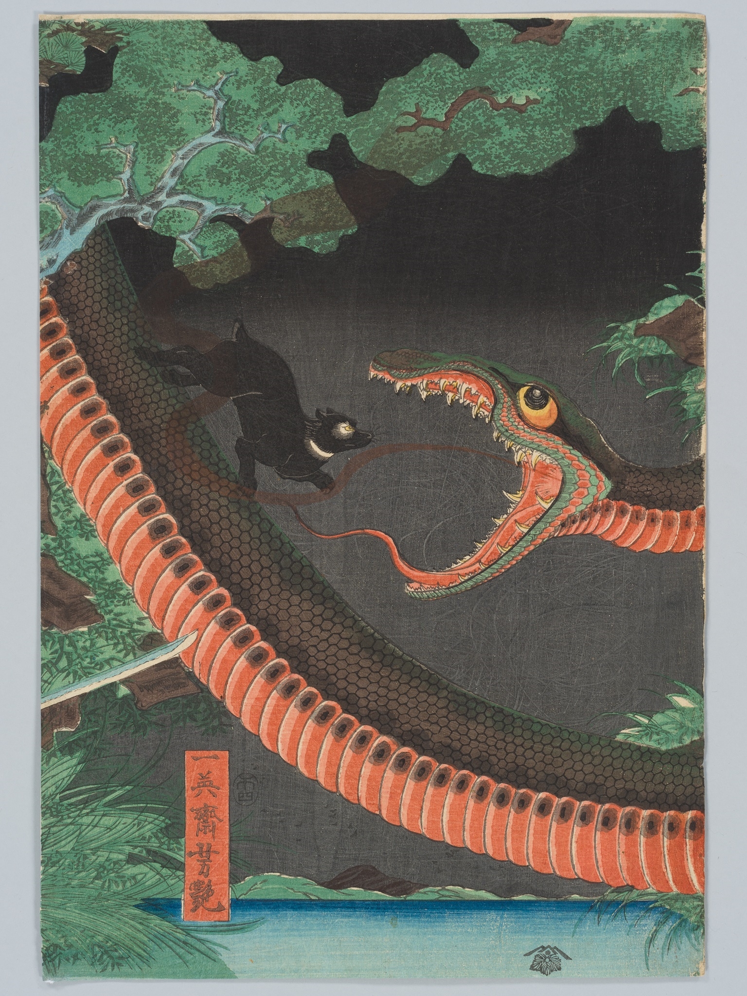 Artwork by Utagawa Yoshitsuya, ICHIEISAI YOSHITSUYA: TRIPTYCH OF YORIMITSU TRYING TO CAPTURE HAKAMADARE BY DESTROYING HIS MAGIC, Made of Color woodblock print on paper. Oban Triptych