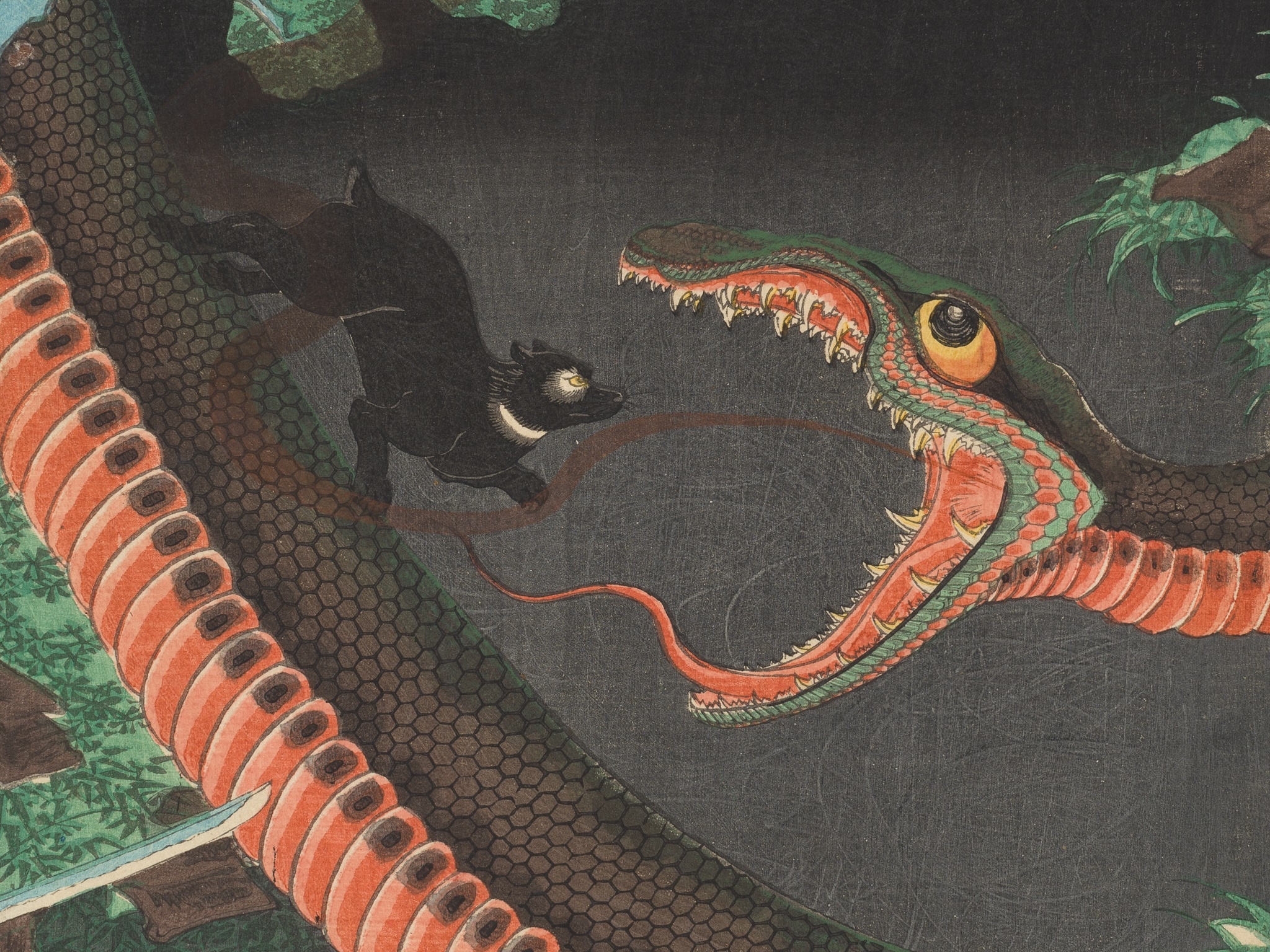 Artwork by Utagawa Yoshitsuya, ICHIEISAI YOSHITSUYA: TRIPTYCH OF YORIMITSU TRYING TO CAPTURE HAKAMADARE BY DESTROYING HIS MAGIC, Made of Color woodblock print on paper. Oban Triptych