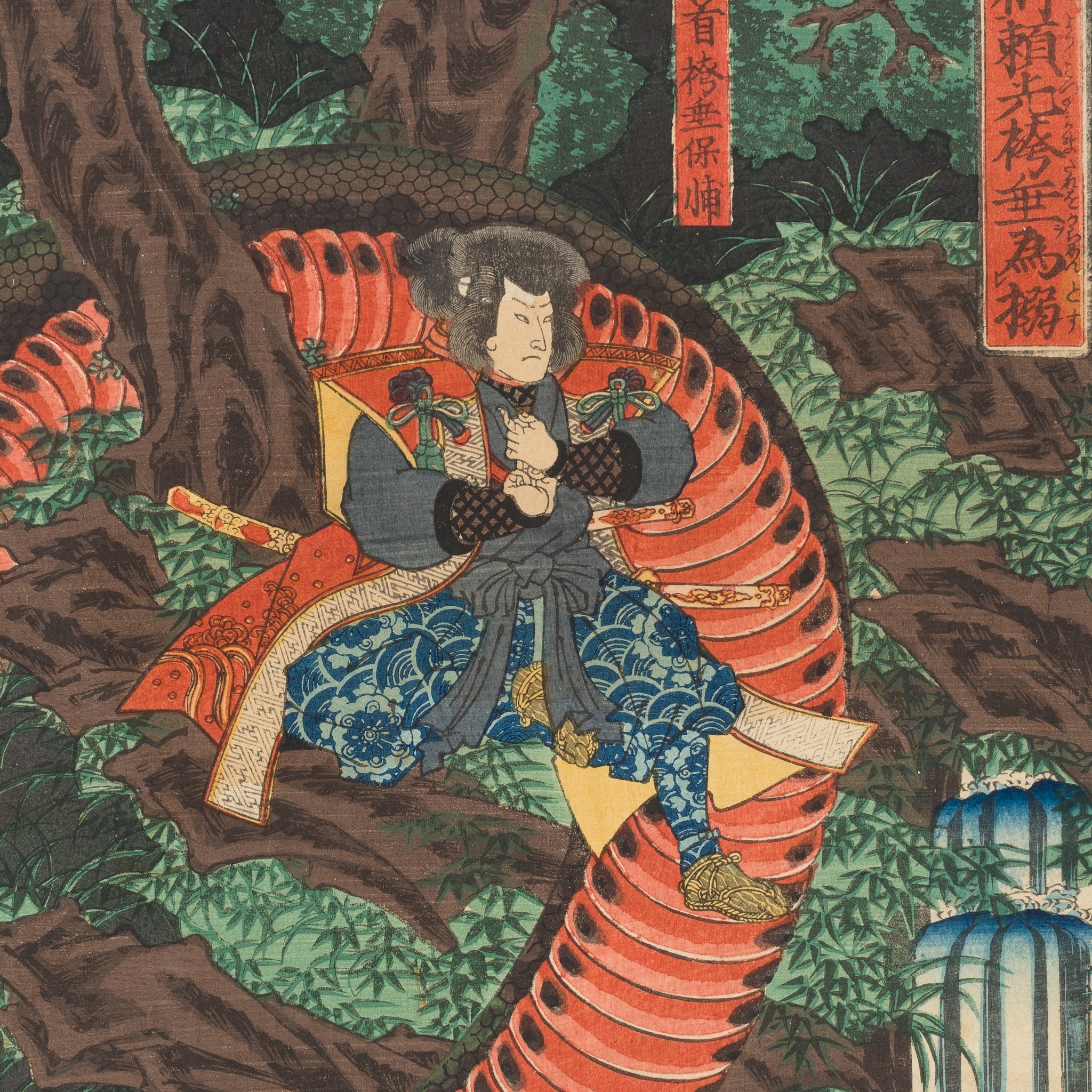 Artwork by Utagawa Yoshitsuya, ICHIEISAI YOSHITSUYA: TRIPTYCH OF YORIMITSU TRYING TO CAPTURE HAKAMADARE BY DESTROYING HIS MAGIC, Made of Color woodblock print on paper. Oban Triptych