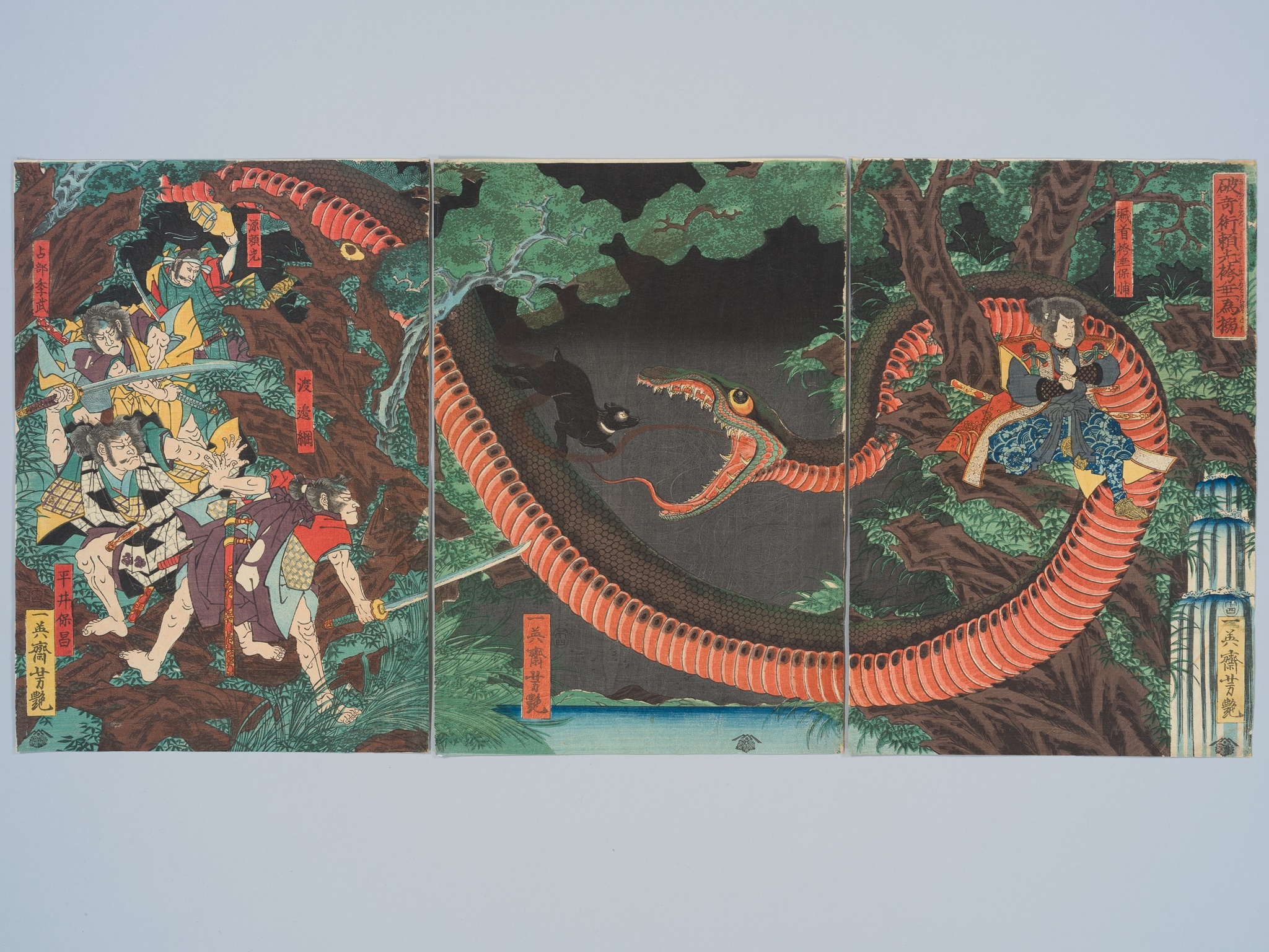 Artwork by Utagawa Yoshitsuya, ICHIEISAI YOSHITSUYA: TRIPTYCH OF YORIMITSU TRYING TO CAPTURE HAKAMADARE BY DESTROYING HIS MAGIC, Made of Color woodblock print on paper. Oban Triptych