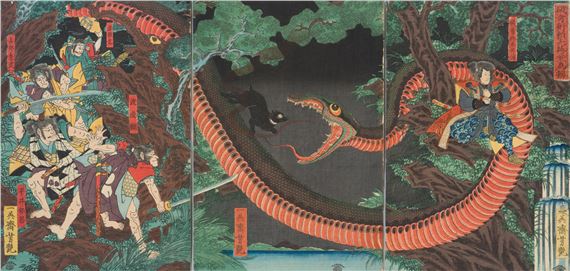ICHIEISAI YOSHITSUYA: TRIPTYCH OF YORIMITSU TRYING TO CAPTURE HAKAMADARE BY DESTROYING HIS MAGIC by Utagawa Yoshitsuya, dated 1858