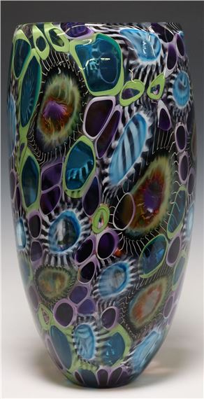 JOHN GIBBONS (20TH C.) STUDIO ART GLASS 'DREAM CATCHER' MURRINE VASE, 16"H - John Gibbons