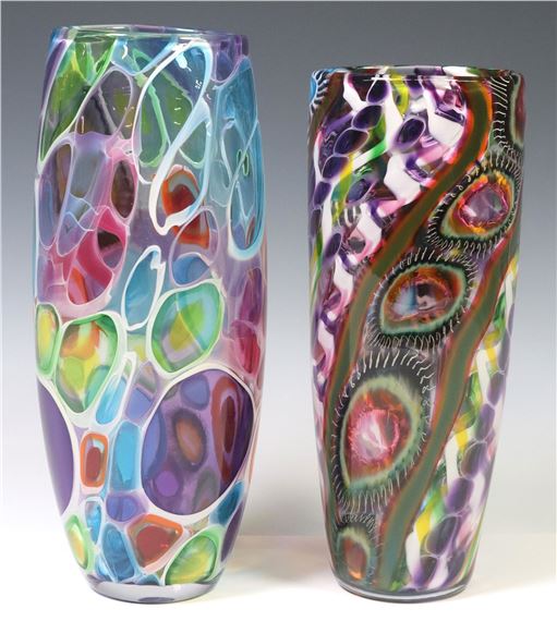 2) JOHN GIBBONS (20TH C.) STUDIO ART GLASS COLORFUL MURRINE VASES - John Gibbons
