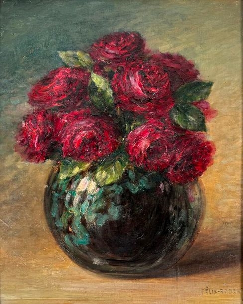 Artwork by Felix Robert, Felix Robert. Bouquet de fleurs. Huile sur carton. 27 x 22 cm, Made of oil on cardboard