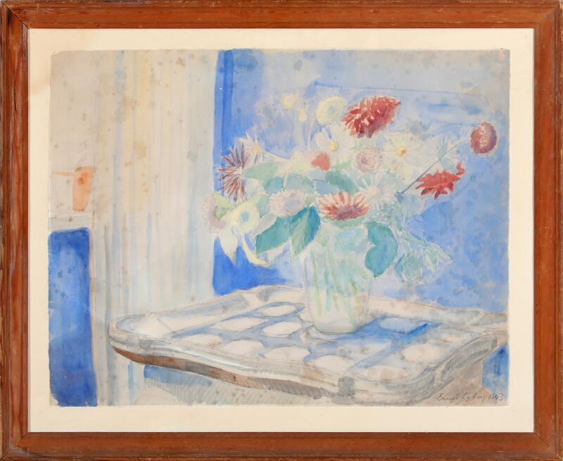 Ernst Syberg | Still life with flowers on a tile table (1943) | MutualArt