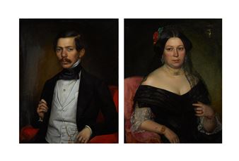(Österreich 1822-1887) Bildnis eines Herren mit reichem Fingerschmuck und Bildnis einer Dame mit Rosen im Haar und Perlenkropfband - Johann Böss