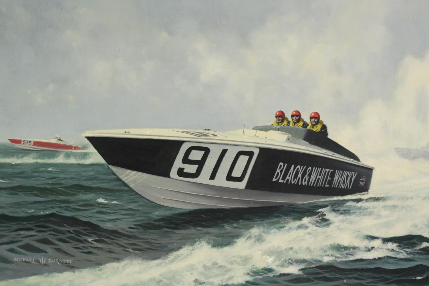 Artwork by Michael Burnett, Michael Burnett (contemporary), oil on canvas of a speed boat. H.74 W.104cm, Made of oil on canvas