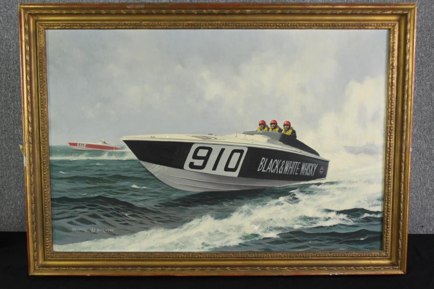 Artwork by Michael Burnett, Michael Burnett (contemporary), oil on canvas of a speed boat. H.74 W.104cm, Made of oil on canvas