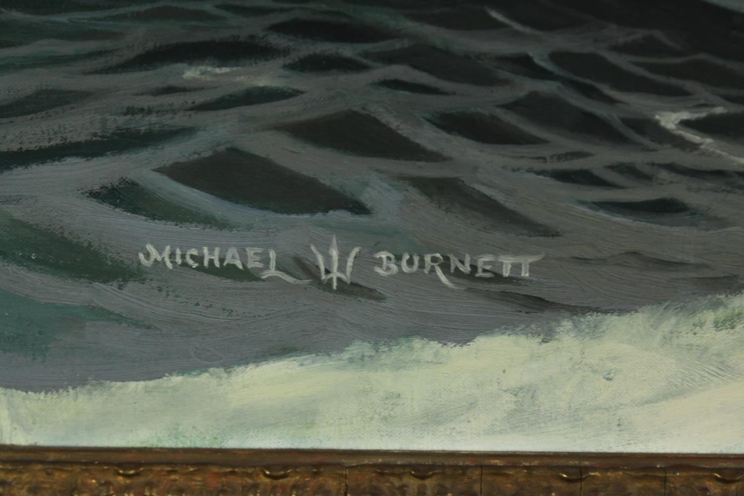 Artwork by Michael Burnett, Michael Burnett (contemporary), oil on canvas of a speed boat. H.74 W.104cm, Made of oil on canvas