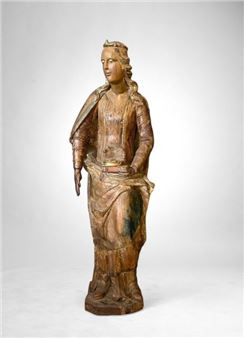 Standing as a princess, she holds a book with a crown in her left hand - Hungarian School, 15th Century