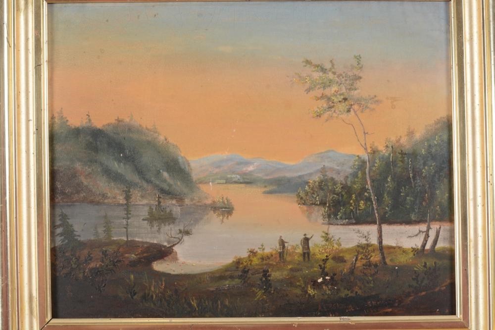 Artwork by A. L. P. Skilling, Gray, Maine landscape with figures on the shore, Made of Oil on board