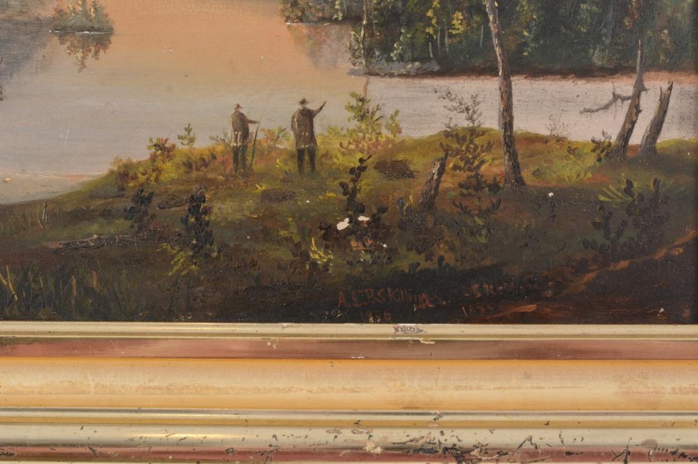 Artwork by A. L. P. Skilling, Gray, Maine landscape with figures on the shore, Made of Oil on board