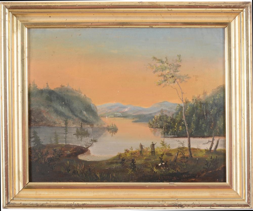Artwork by A. L. P. Skilling, Gray, Maine landscape with figures on the shore, Made of Oil on board