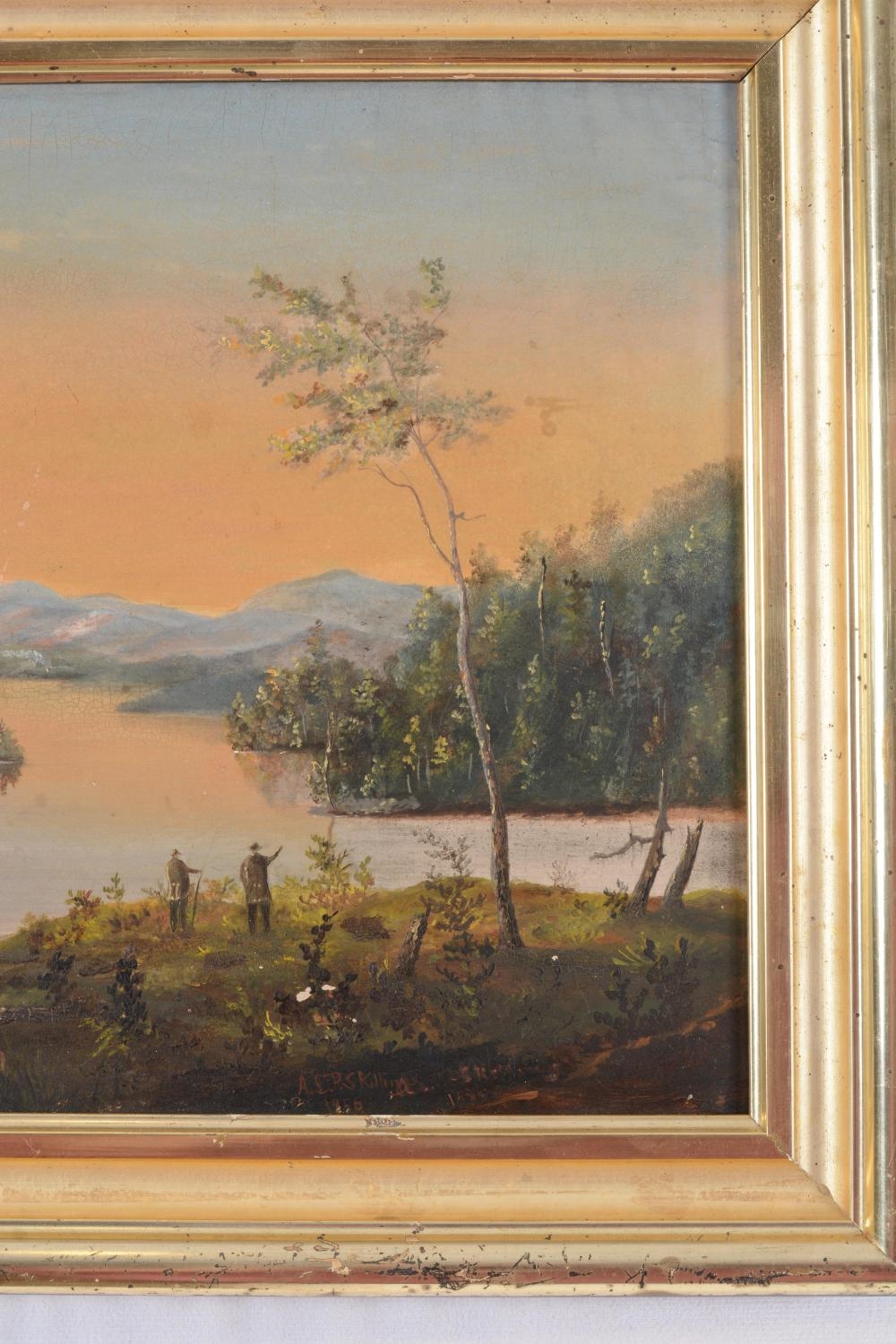 Artwork by A. L. P. Skilling, Gray, Maine landscape with figures on the shore, Made of Oil on board