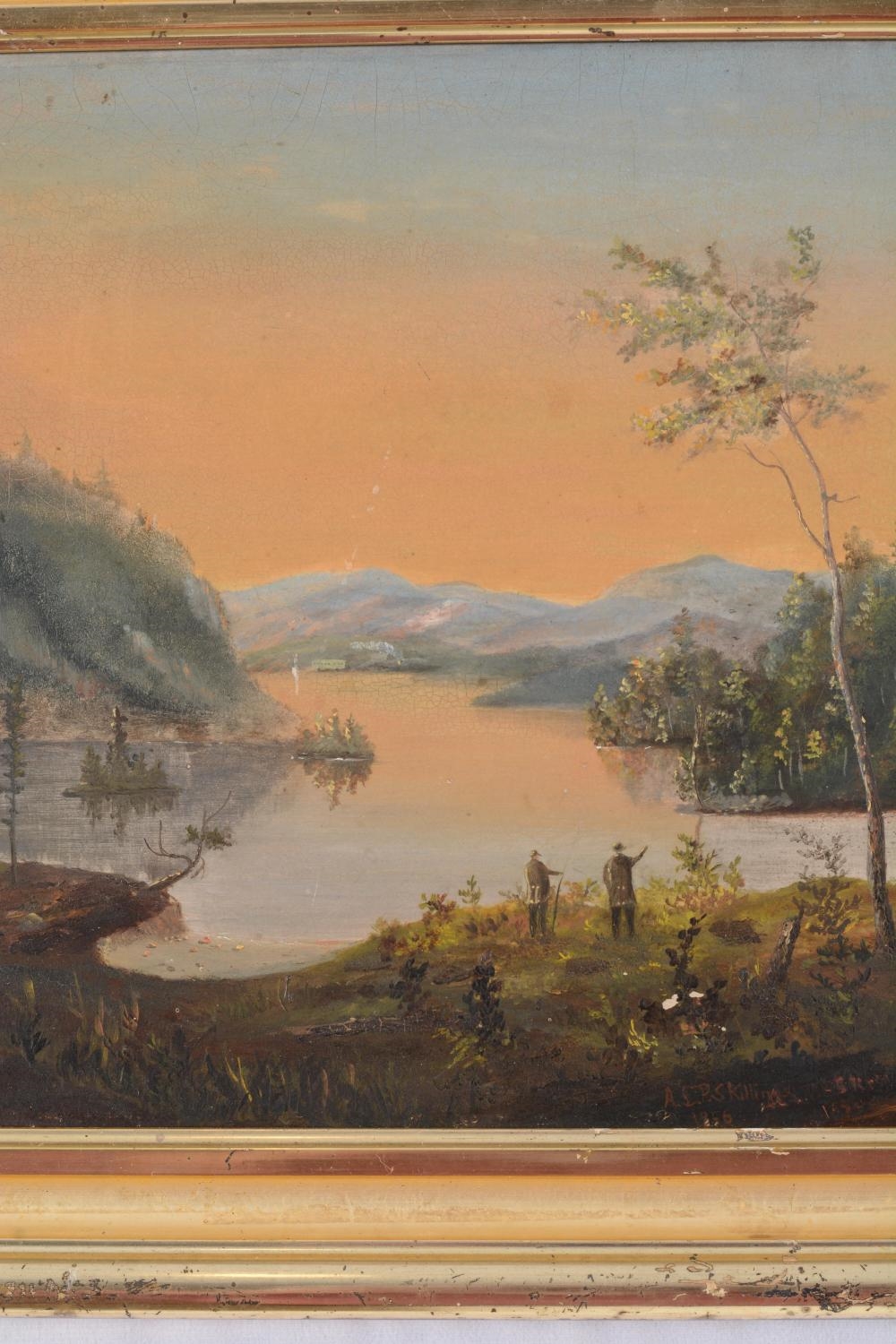 Artwork by A. L. P. Skilling, Gray, Maine landscape with figures on the shore, Made of Oil on board