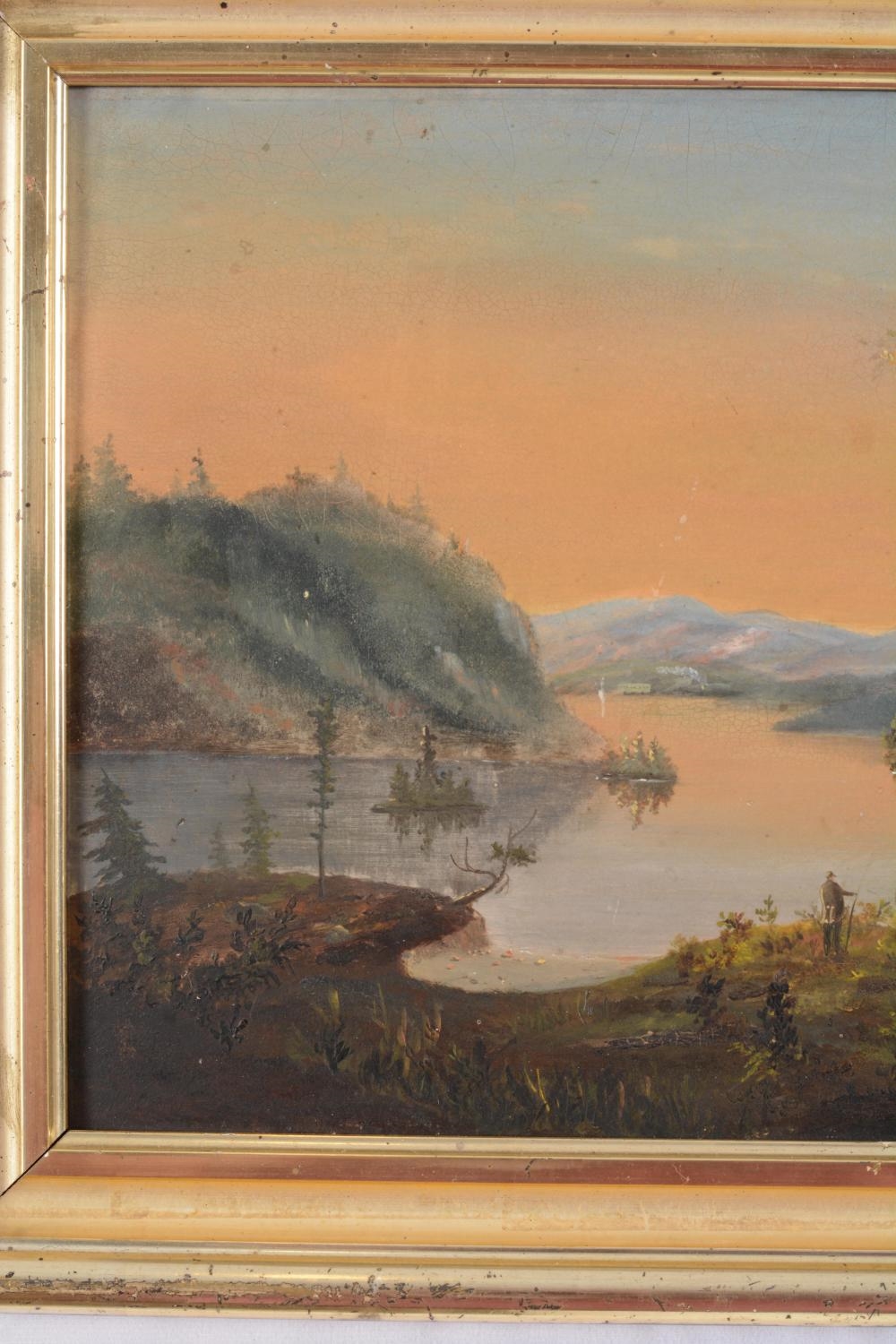 Artwork by A. L. P. Skilling, Gray, Maine landscape with figures on the shore, Made of Oil on board