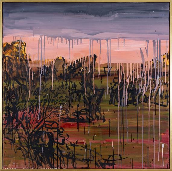A landscape painting featuring a surreal sky with dripping paint over a dark, shadowy terrain.