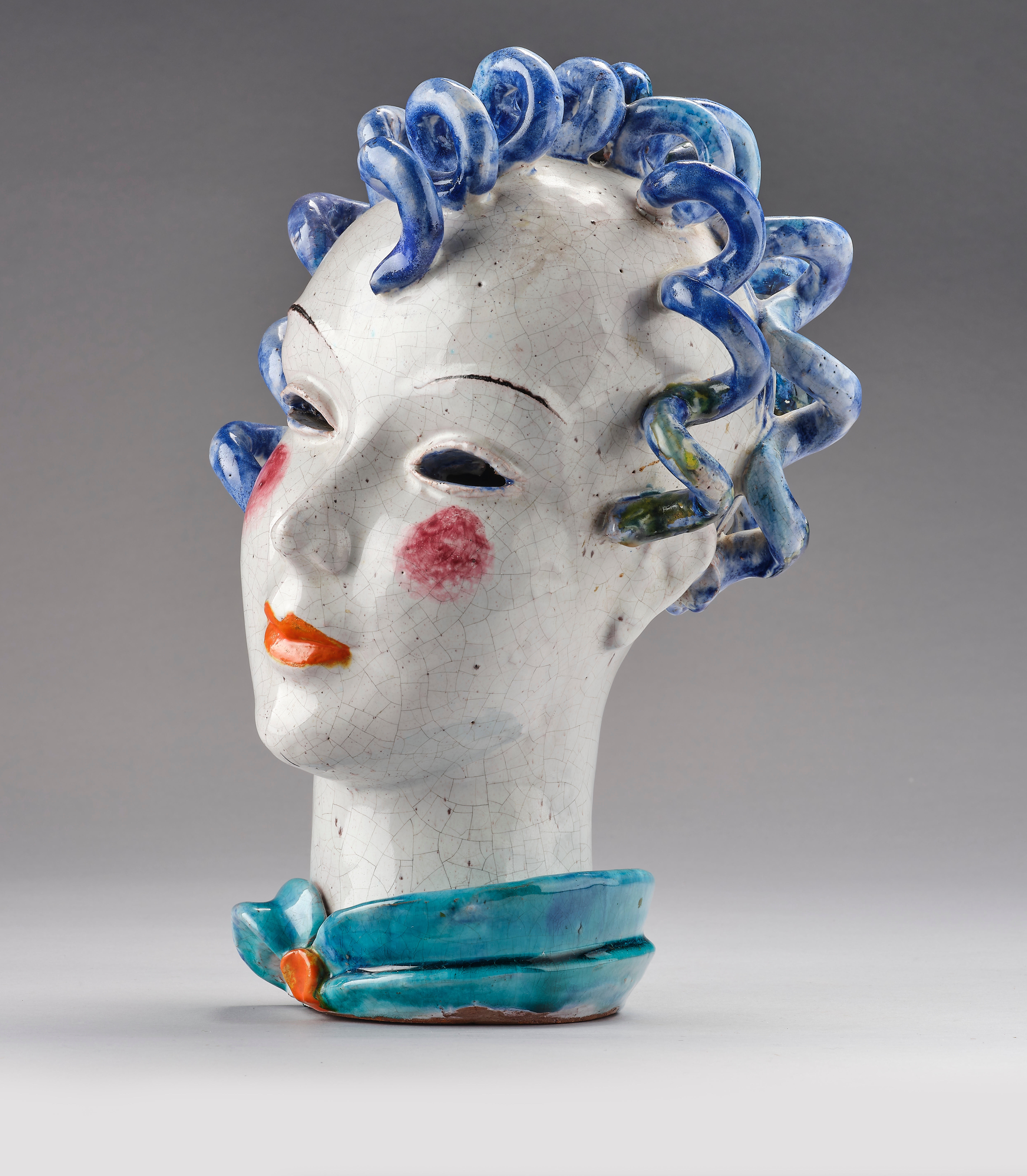 Artwork by Walter Bosse, Walter Bosse, a large female head, Kufstein, 1924-37, Made of polychrome glazes