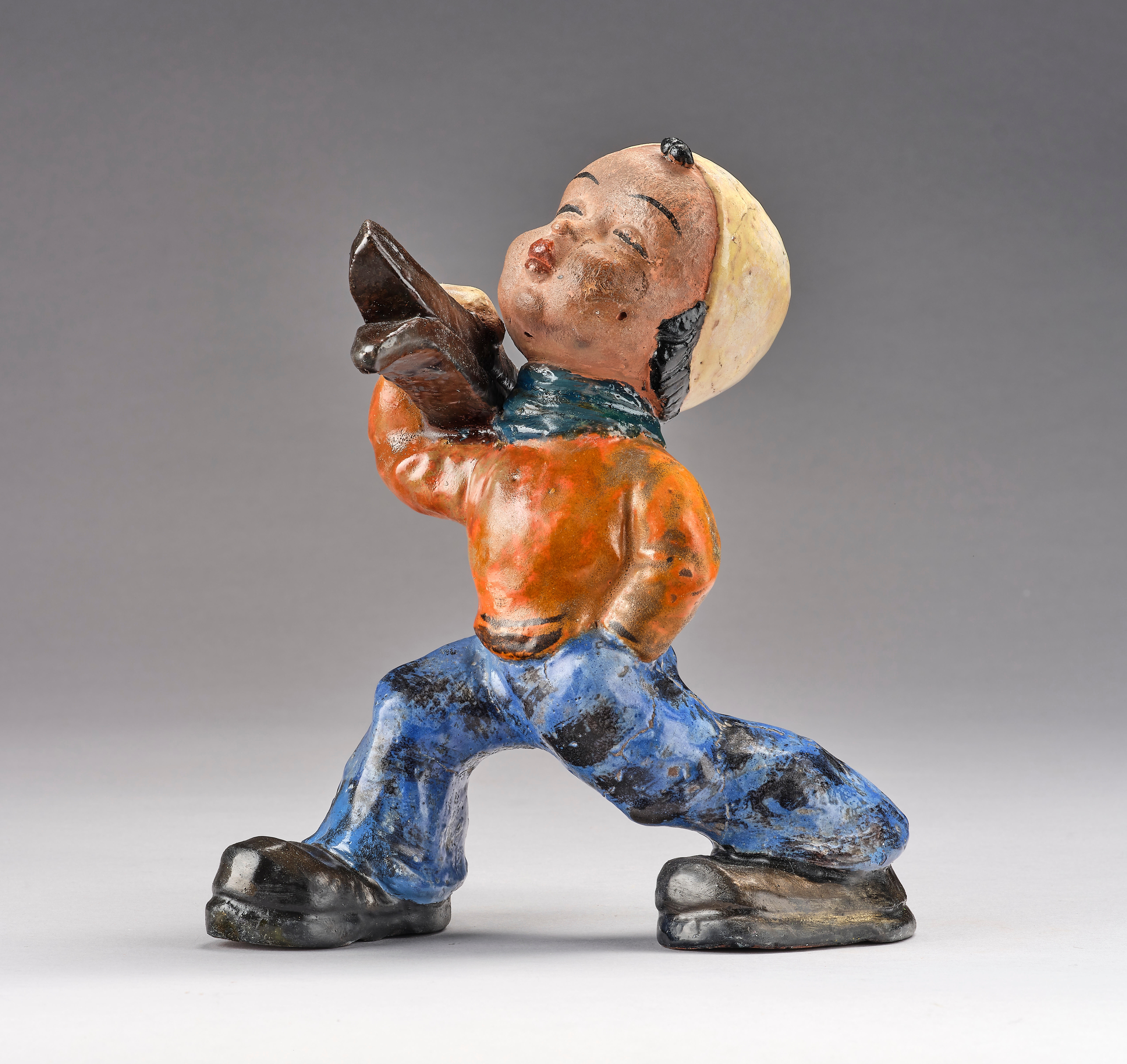 Artwork by Walter Bosse, Walter Bosse, a skier, probably Tonindustrie Scheibbs, Made of polychrome glazes