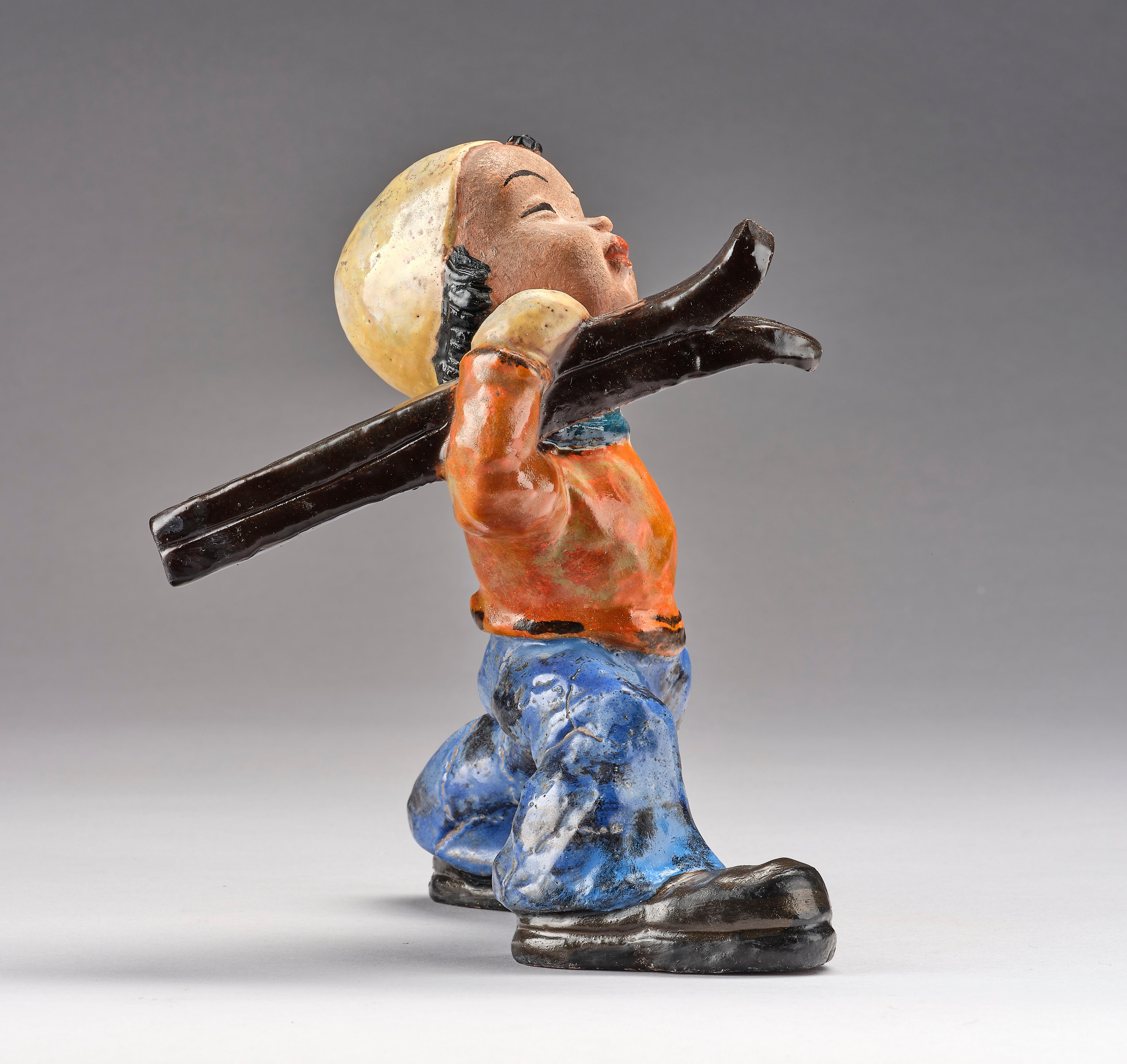 Artwork by Walter Bosse, Walter Bosse, a skier, probably Tonindustrie Scheibbs, Made of polychrome glazes