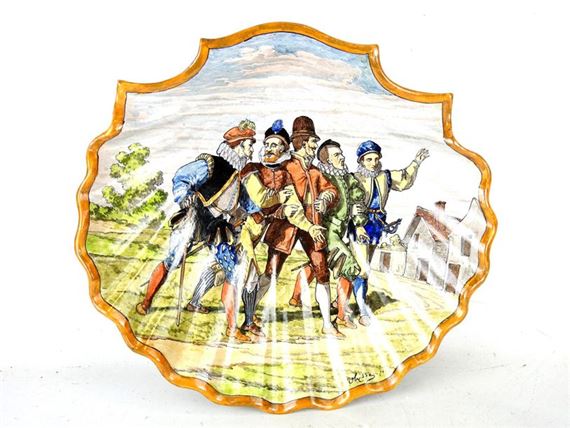 Polychrome earthenware shell dish on tripod base, decorated with a lively scene of five Renaissance figures by Ulysse Besnard, dated 1874