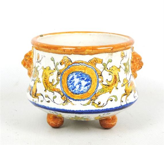 Polychrome earthenware circular planter with handles in the form of masks by Ulysse Besnard, dated 1865