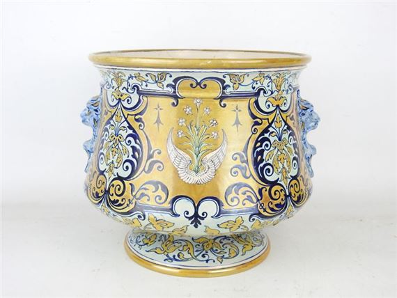 Polychrome earthenware cache pot on pedestal with partially iridescent glaze, decorated with foliage, wings holding lilies by Ulysse Besnard, dated November 1877