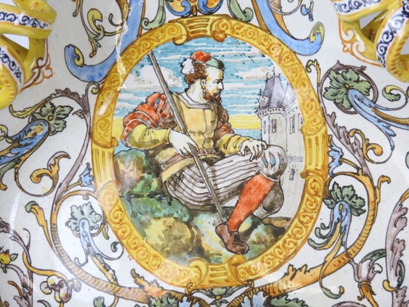 Artwork by Ulysse Besnard, Polychrome earthenware three-lobed pedestal bowl decorated with arabesques, fauns and a central cartouche featuring a Renaissance man, Made of Polychrome earthenware
