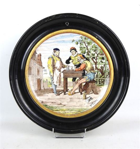 Polychrome earthenware circular dish decorated with an inn scene with three Renaissance figures