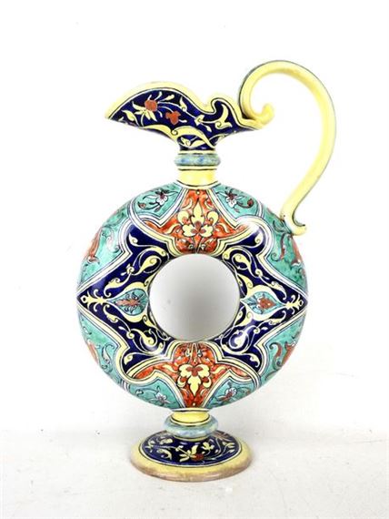 Polychrome earthenware ewer on pedestal, openwork body, with Iznik decoration on a partially iridescent turquoise ground by Ulysse Besnard, Juillet 1876
