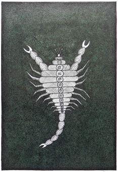 A stylized centipede-like creature with a television set for its body against a dark textured background.