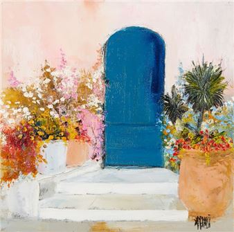 ANNE-MARIE GROSSI The blue door. Oil on canvas. Signed lower right and dated on reverse 2007. Sight size: 30 x 30 cm - Anne-Marie Grossi