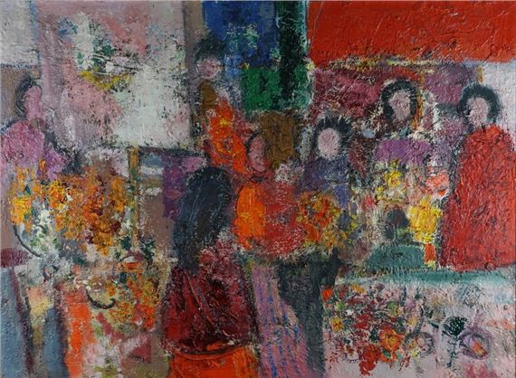 . Market scene. Oil on canvas by Andre Leve, dated 1960