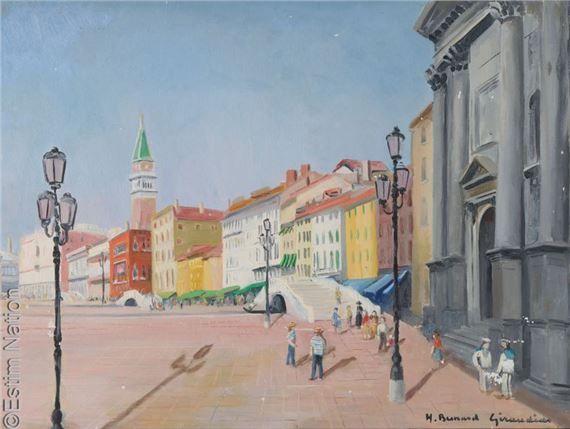 "The quays of Venice Oil on canvas by Hélène Besnard-giraudias, dated 1969