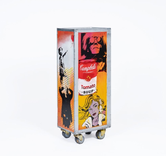 Artwork by Guldenstern, Pop Art Elite Part 2, Made of Aircraft trolley with acrylic, painting, spray, hand screens on metal.