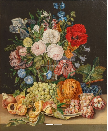 Artwork by P. M. Hinrichs, Still Life with Flowers and Fruits, Made of Oil/canvas/wood.