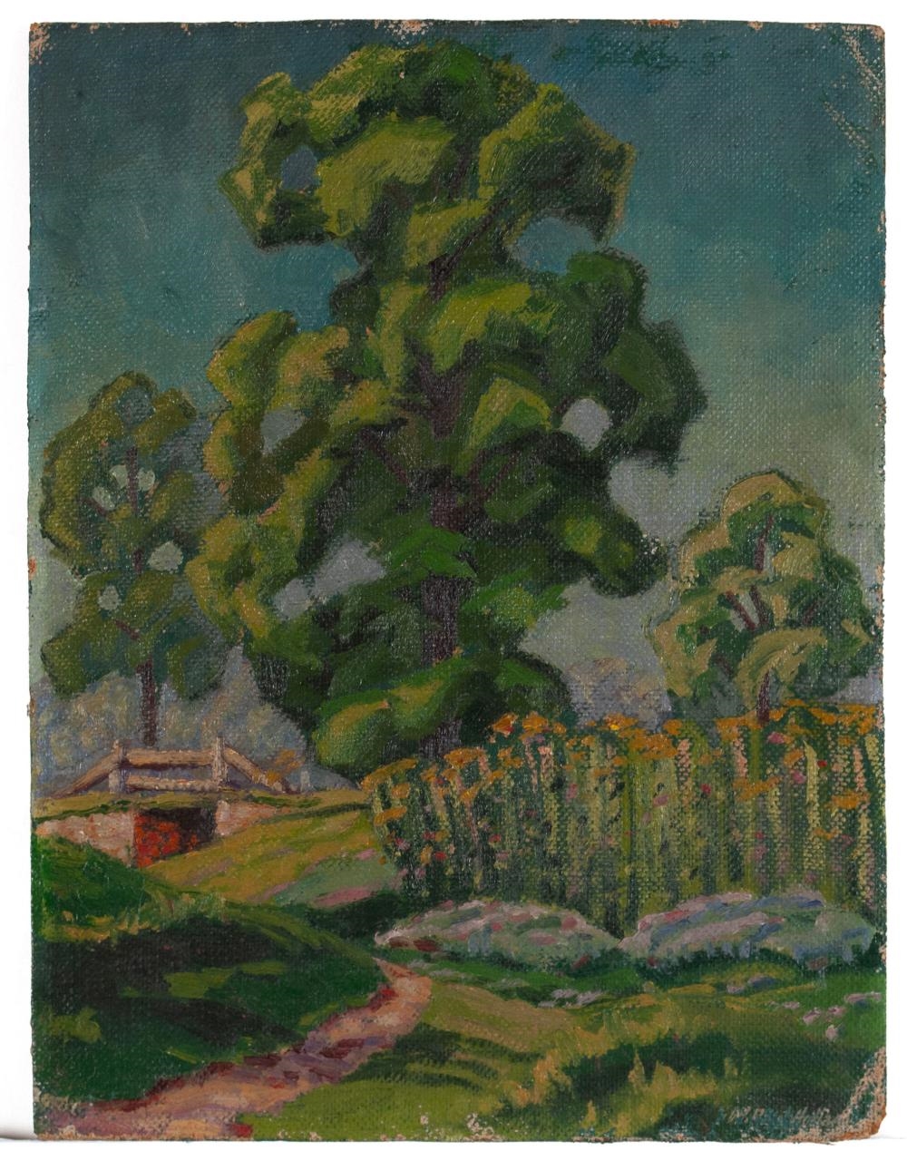 Artwork by W. Paul Holland, Countryside landscape with bridge and large central tree, Made of Oil on board