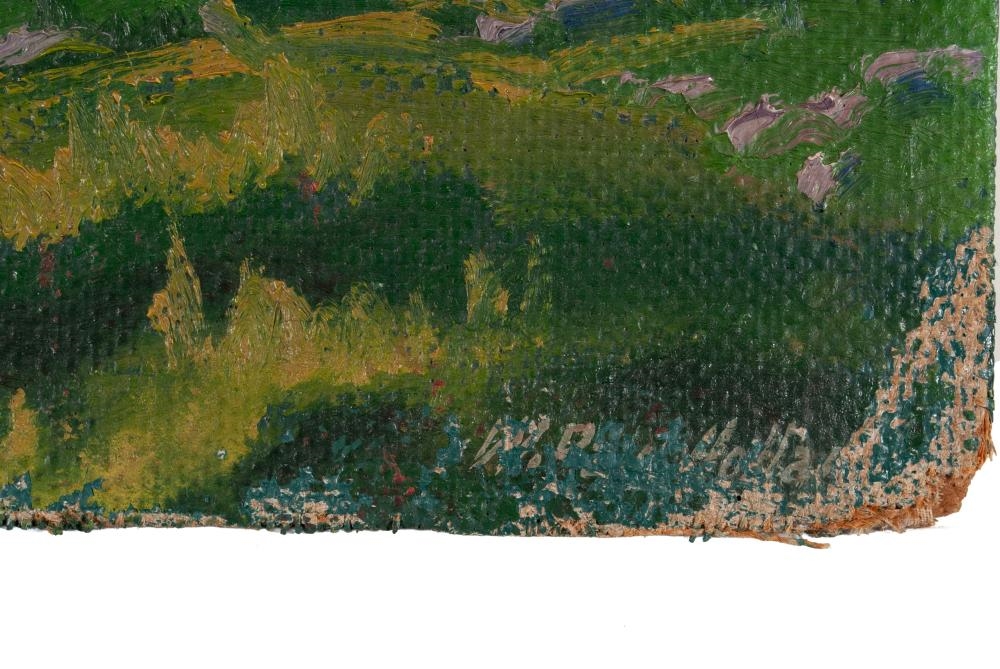 Artwork by W. Paul Holland, Countryside landscape with bridge and large central tree, Made of Oil on board