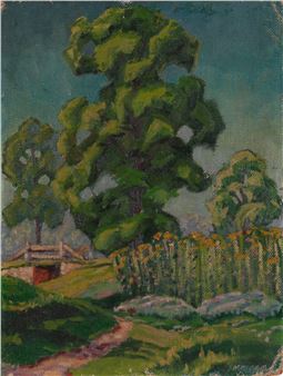 Countryside landscape with bridge and large central tree - W. Paul Holland