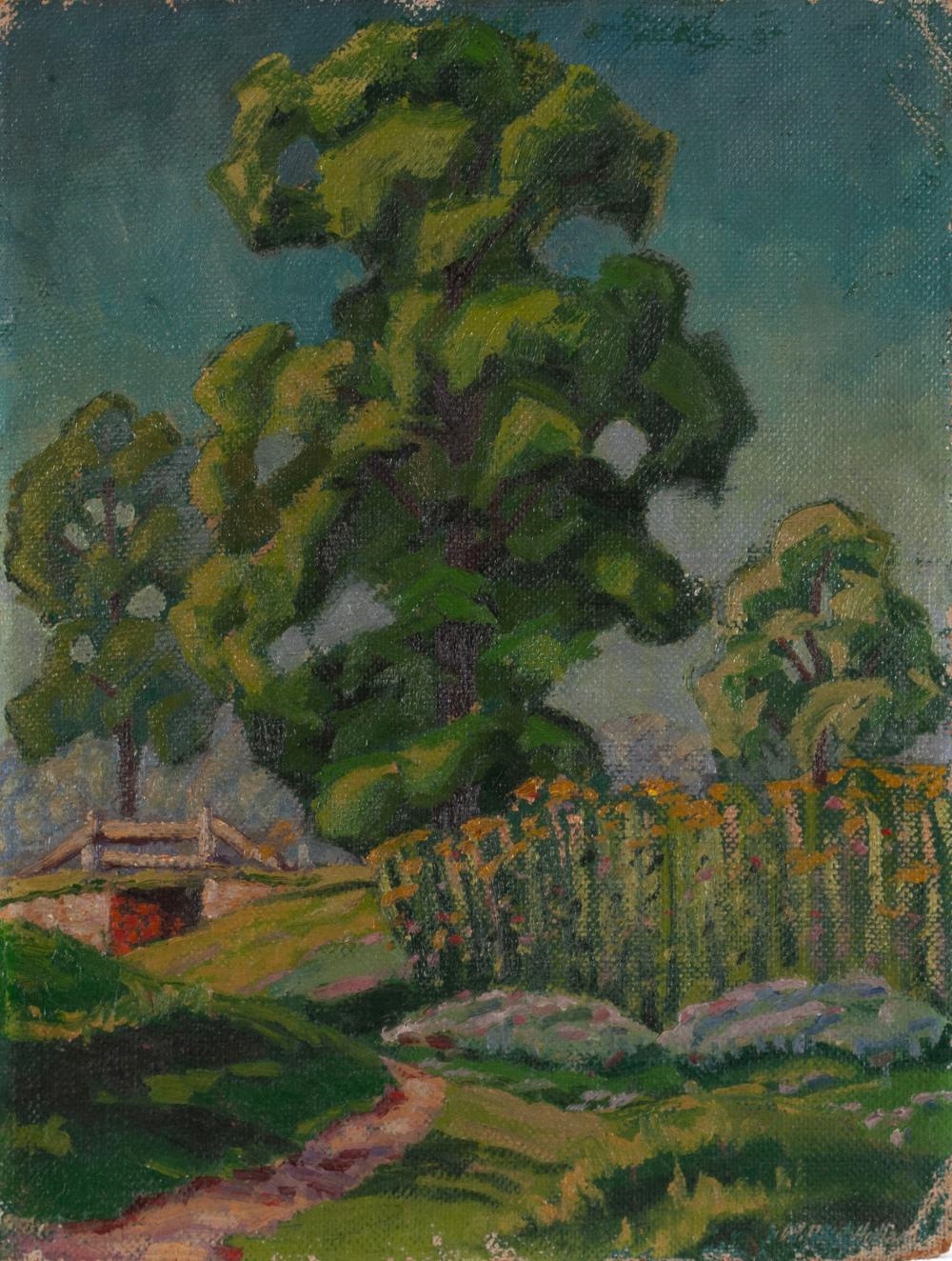 Artwork by W. Paul Holland, Countryside landscape with bridge and large central tree, Made of Oil on board